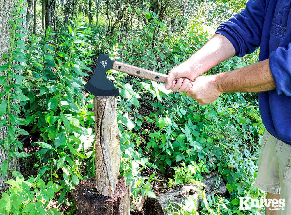 The High Impact proved to be a good chopper and had no trouble splitting firewood. The handle is just long enough to take a two-handed grip.