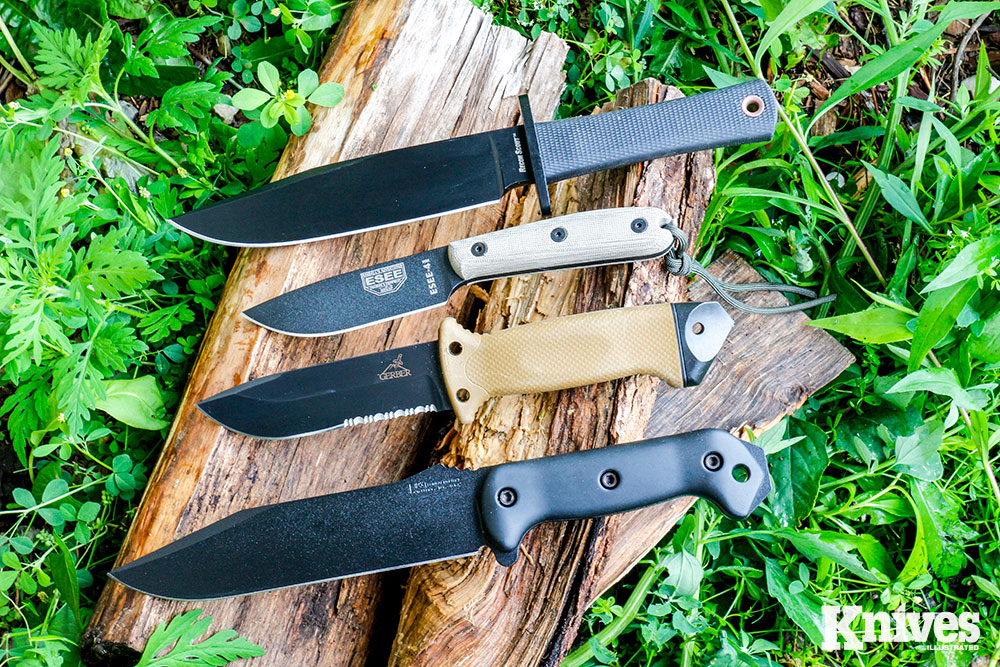 Knives suited for survival use can come in all shapes and sizes. Shown (from top) are: Cold Steel Recon Scout, ESEE-4HM, Gerber LMF II ASEK, and Becker Knife &amp;Tool Combat Utility (BK7). S.P. Barlow photo.