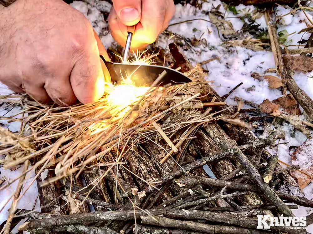 Using a knife to strike sparks with a ferro rod is just one way a knife can help you to make fire. 