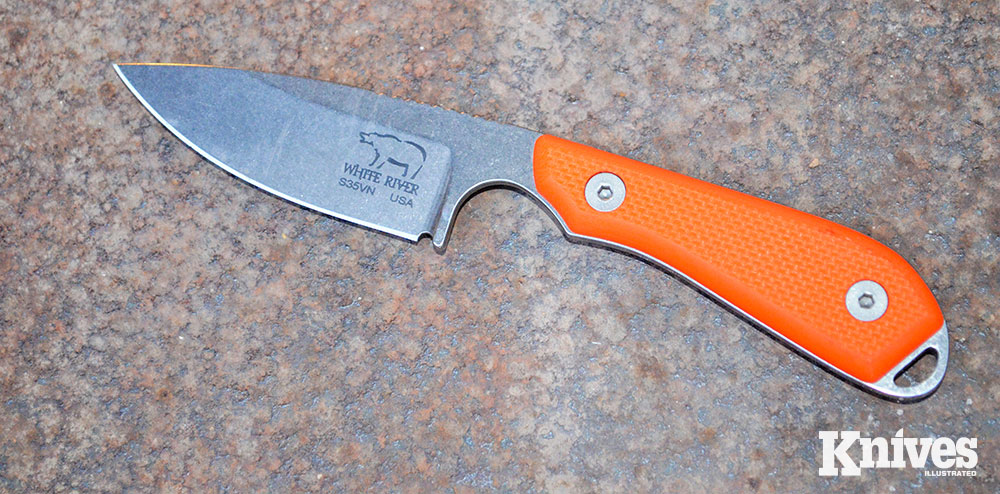 An example of a drop-point blade is this Model 1 from White River Knife &amp; Tool.