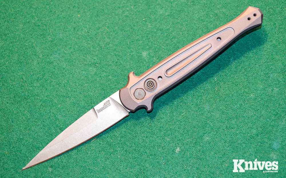 An example of a spear blade is this Launch 8 from Kershaw Knives.
