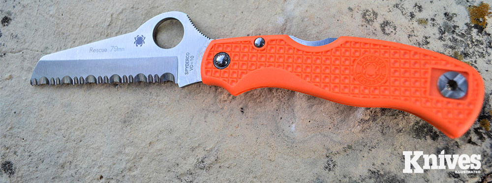 This Spyderco Rescue 79 mm from Spyderco is an example of a sheepsfoot blade.