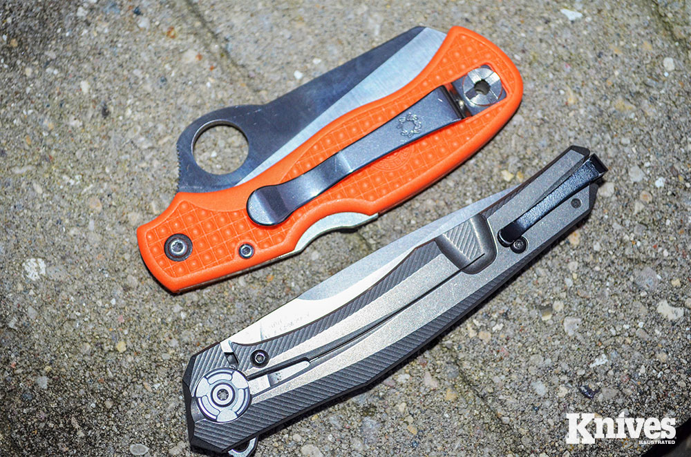 Here’s the difference between a standard pocket clip (shown on a Rescue 79 mm from Spyderco, top) and a deep-carry clip (on a ZT 0707 from Zero Tolerance Knives, bottom).
