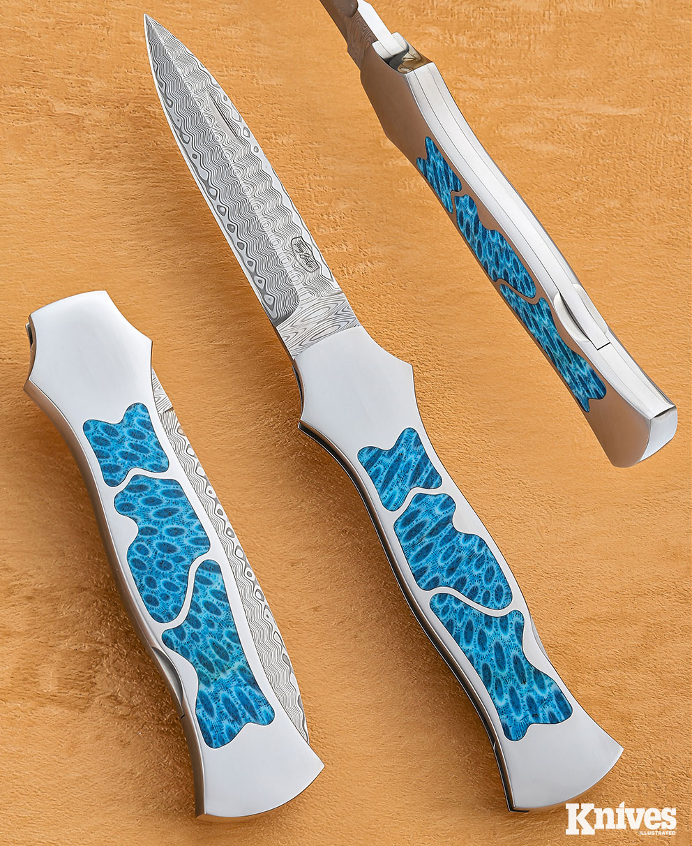 Tony Baker demonstrates excellent fit on curved blue coral inlays on this inter-frame folder.