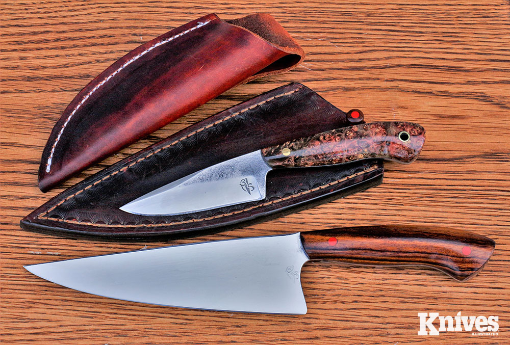 The author intends to pair the Camp-to-Kitchen knife with the smaller Burls & Steel Osprey, which has become a regular companion on his hikes and campouts