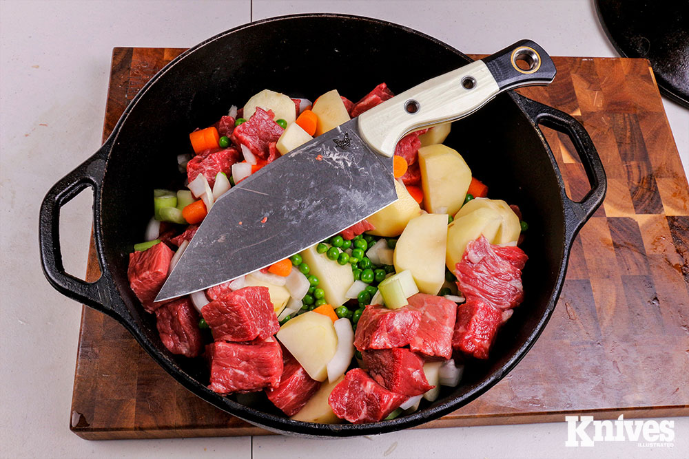 The author put the Benchmade Station Knife to work cutting meat and vegetables in preparing a beef stew.