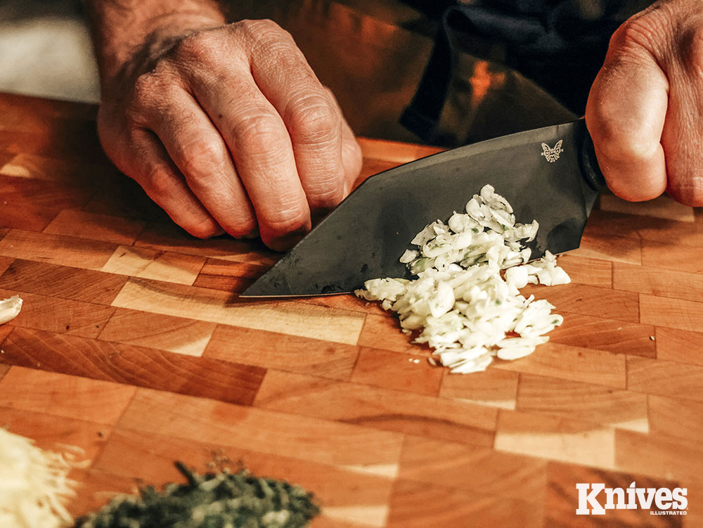 The wide, stable blade of the Station Knife helps it to perform well for dicing and chopping chores.