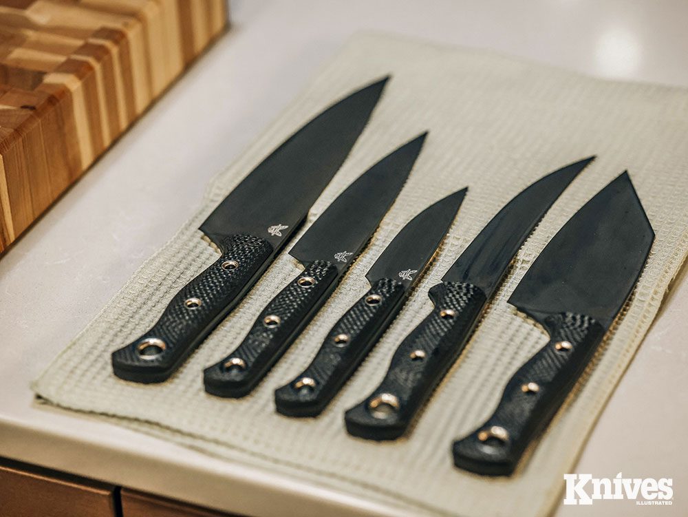 Shown with the Station Knife (right) and Benchmade 3-Piece Set is the Meatcrafter boning knife (second from right). Missing is the Benchmade Table Knife.