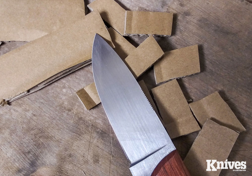 From long slices to push cuts, the Bushcrafter had no problem at all getting through mounds of cardboard.