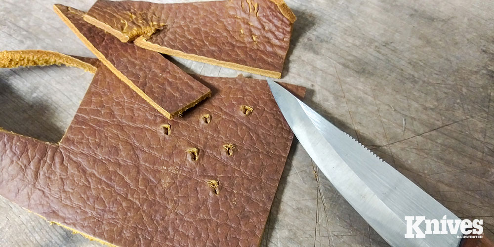 The Fledgling worked extremely well with leather, including boring several holes with the needle-sharp point.