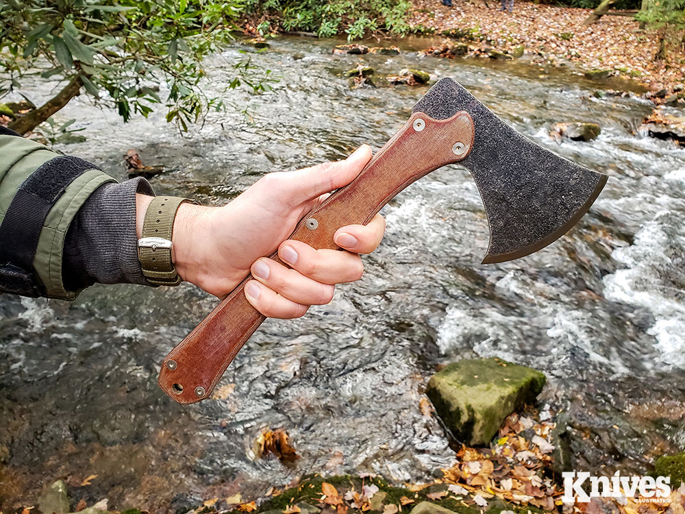 The Mountain Pass Axe is a handy size at just under 14 inches tall with a 4.2-inch cutting edge. It is also a tough tool with its 1075 full-tang build and comfortable natural Micarta handle scales.