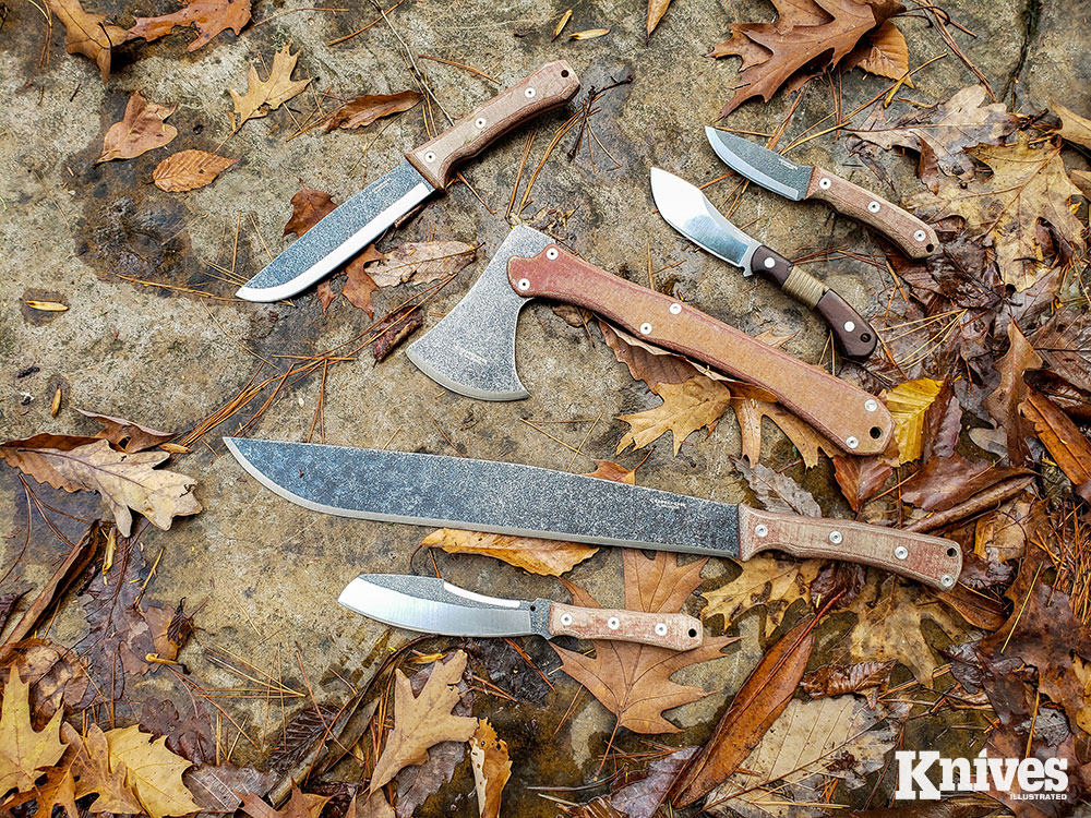 The Mountain Pass line consists of three smaller stainless steel knives, the big carbon steel Camp Knife and the carbon steel machete and axe