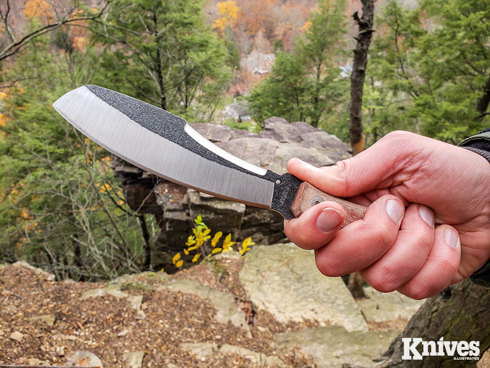 The unique Surveyor Knife has a primary edge and a sharpened section of the spine, as well as tough sheepsfoot tip.