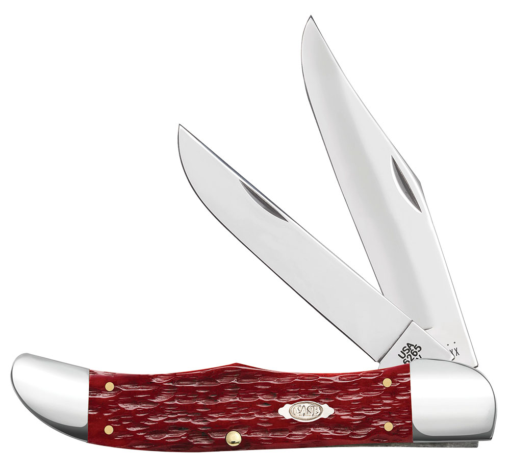 Case Folding Hunter with dark red bone handle scales and carbon steel blades