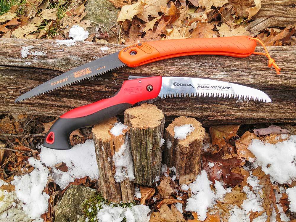 The author put his Corona Razor Tooth 7-inch folding saw against a Bahco 7-inch folding saw.
