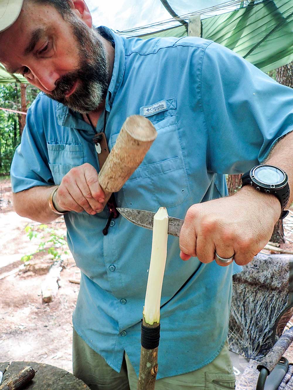 Splitting green wood for spears