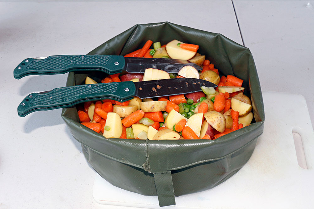military surplus collapsible bowl as a container for the chopped veggies
