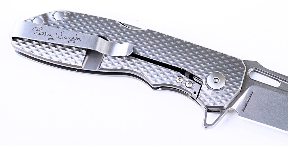 The Billy Waugh signature on the pocket clip of the DEMO Knife.