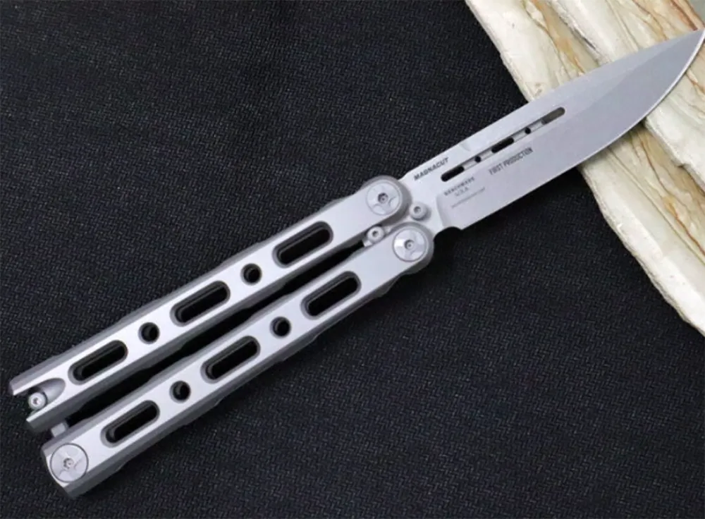 A stainless steel butterfly knife from Benchmade, with a skeletonized handle and drop-point blade.